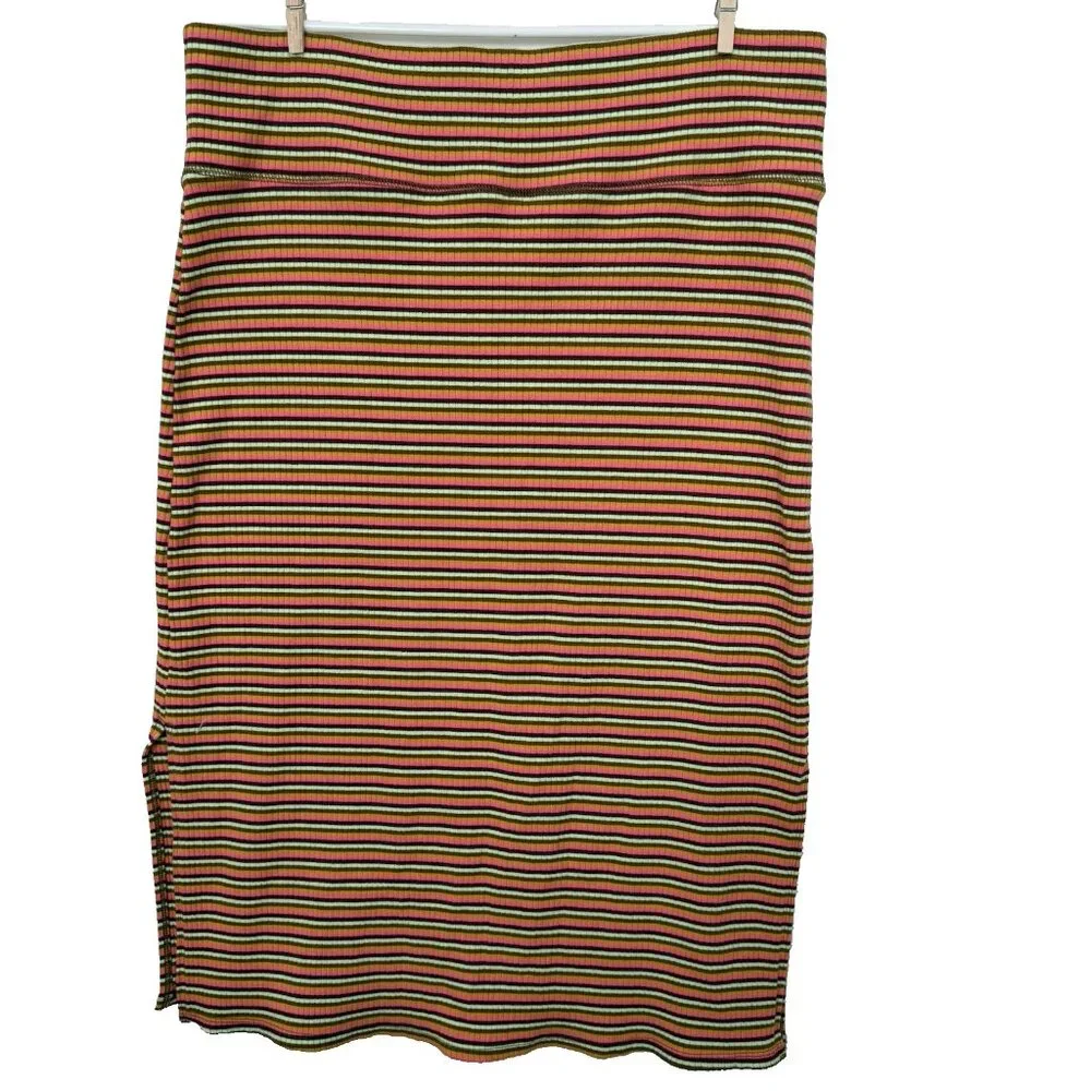 Aerie Ribbed Knit Midi Skirt Sz XL Side Slits Striped Bodycon Sexy Stretchy Boho